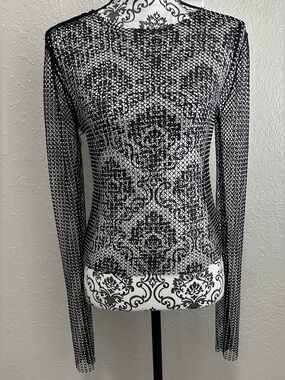 Orange Kiss Rhinestone Fishnet Mesh Top Black Sheer Festival  
Size Medium